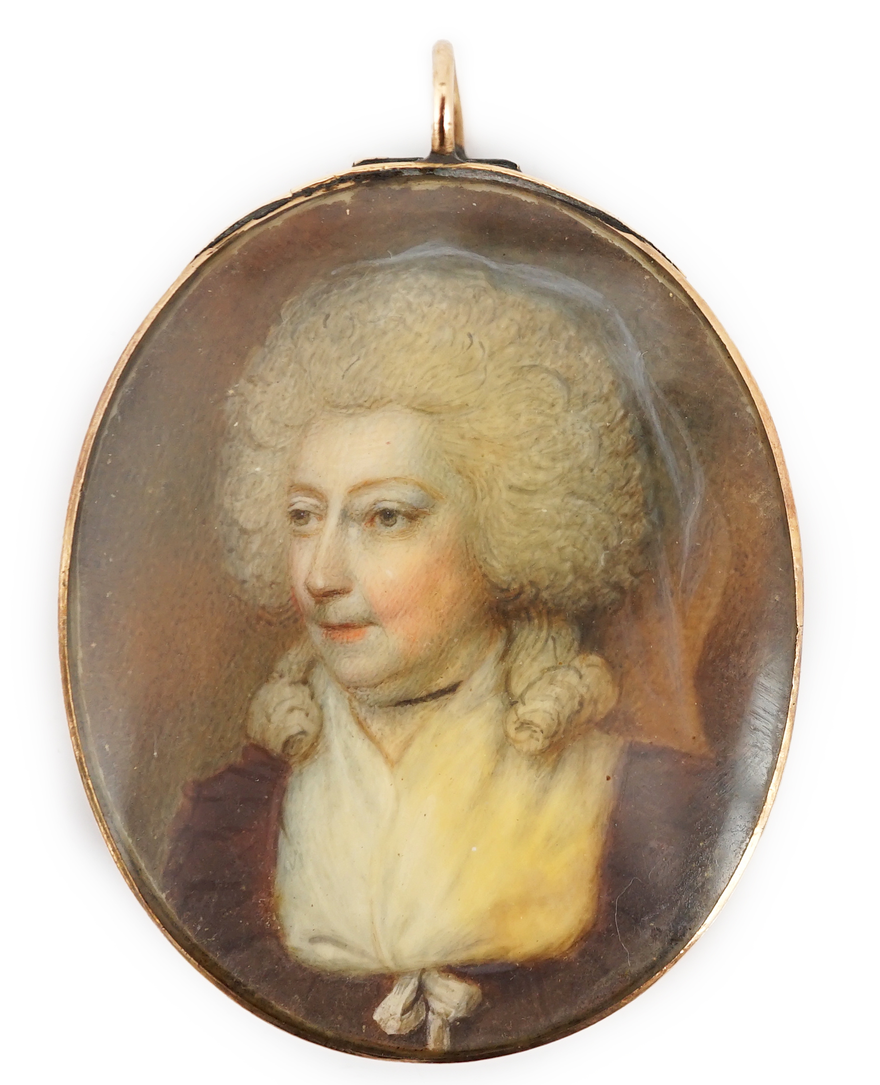 Attributed to John Bogle (British, 1746-1803), Portrait miniature of a lady, oil on ivory, 4.5 x 3.7cm. CITES Submission reference HW3B76TH